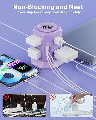 Miniatura 6 de Torre de regleta de enchufe plano con 8 tomas, 4 puertos USB (2 tipo C), regleta protectora de sobretensiones con cable de extensión de 6.5 pies,