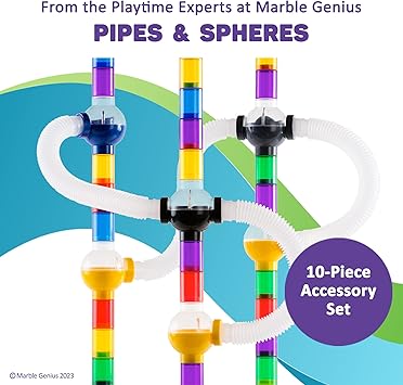 Marble Genius Marble Run Pipe & Sphere Accessory Add-on Set - 10 Pcs Total (4 Pipes, a Ramp, 5 Spheres), Alternating, Straight, Tubes for Creating Exciting Mazes, Tracks, Runs, and Races