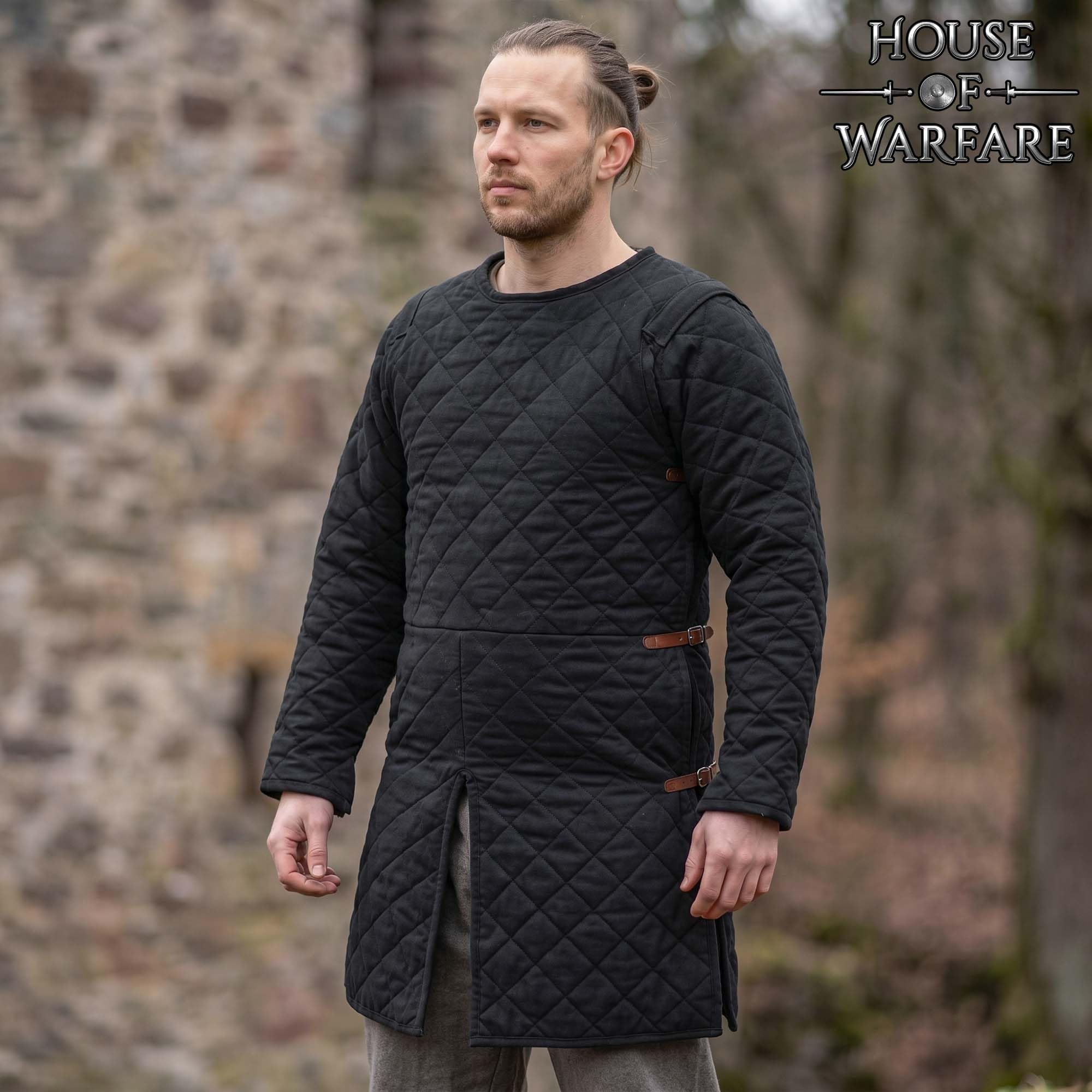 Medieval Gambeson acolchada manga completa dos capas LARP negro XXL
