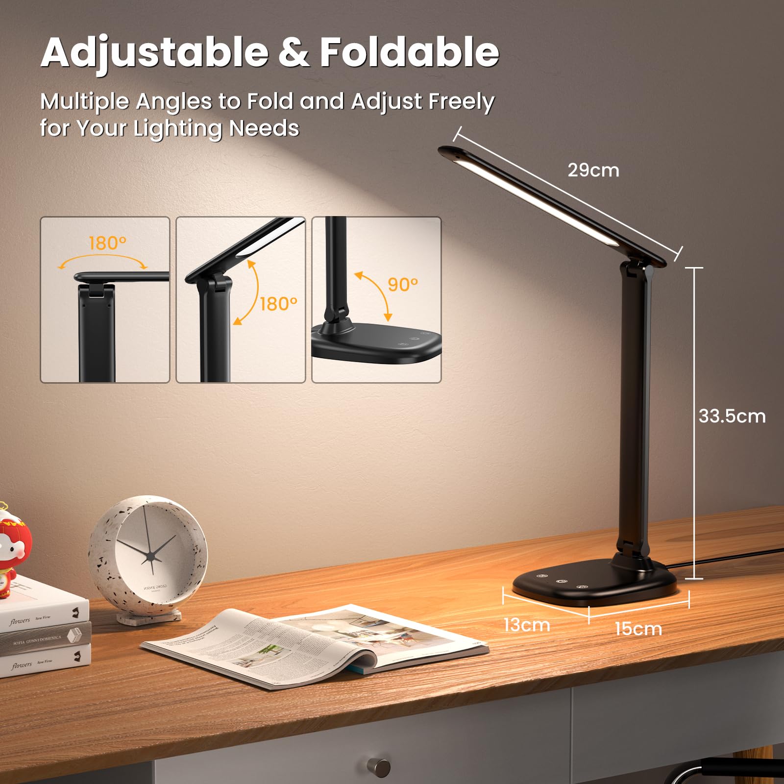 Lámpara de Escritorio, 5 Modos de Lampara Escritorio LED, Batería 4000mAh con Puerto de Carga USB, Control Táctil, Temporizador y Memoria, Flexo LED Escritorio para Cama, Oficina, Leer y Estudiar