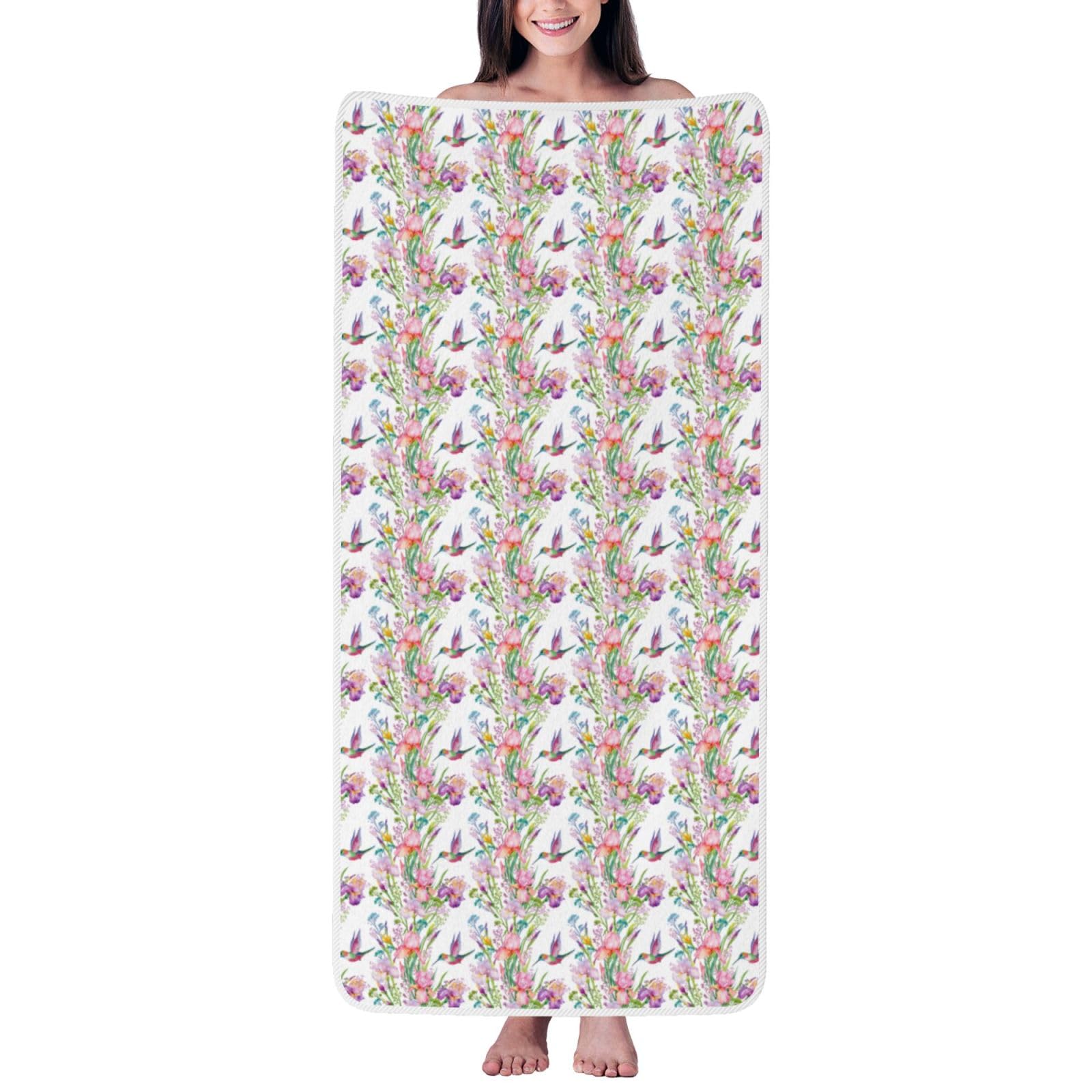 Ztpowqa Women's White Garden With Birds And Flowers Print Coral Velvet Bath Towel For Home Gym Lounging Bathroom Spa Hotel Beach Travel