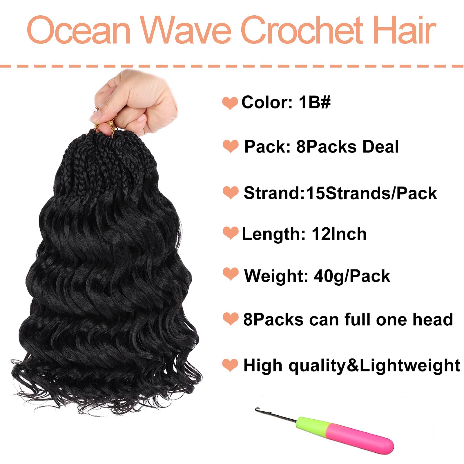 Mscat 12 Inch Pre Looped Ocean Wave Crochet Hair 8 Packs Black Boho Ocean Braids Pre Twisted Synthetic Deep Wavy Crochet Hair for Women 1B# - Image 2