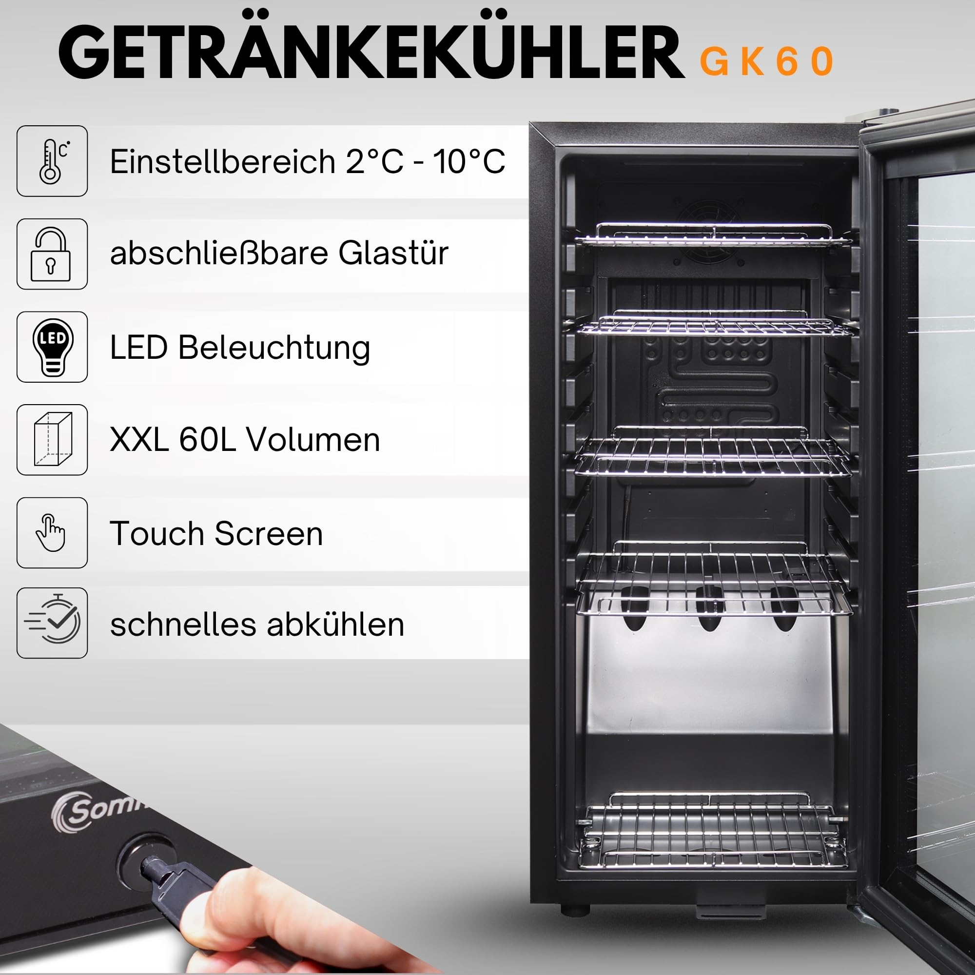 Sommertal Frigorifero GK60 – Frigorífico silencioso para bebidas con LED, pantalla táctil y candado, pequeño refrigerador para botellas, negro, 60 l