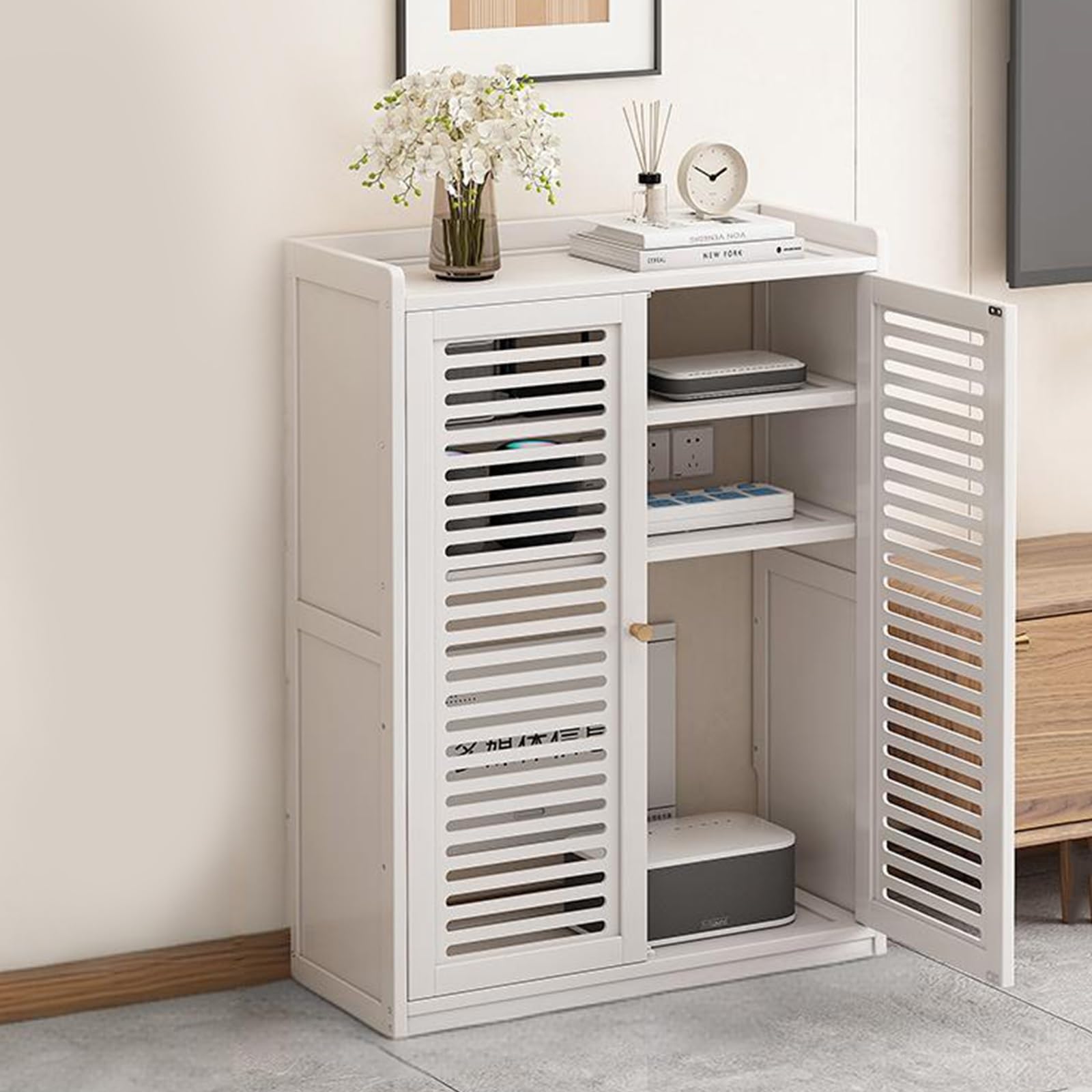 DECAKE Floor Standing Router Storage Cabinet with Multi-Layer Shelves, Invisible WiFi Modem Hider for Home and Office Organization