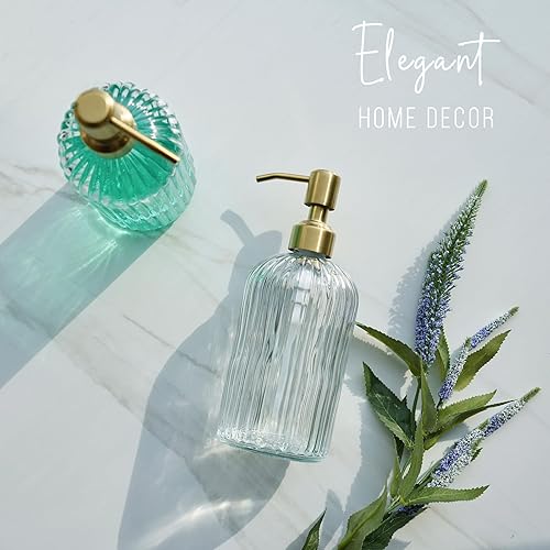 Miniatura 7 de JASAI Dispensador de jabón de vidrio de 18 onzas con bomba dorada para cocina, dispensador de jabón líquido recargable con rayas verticales,