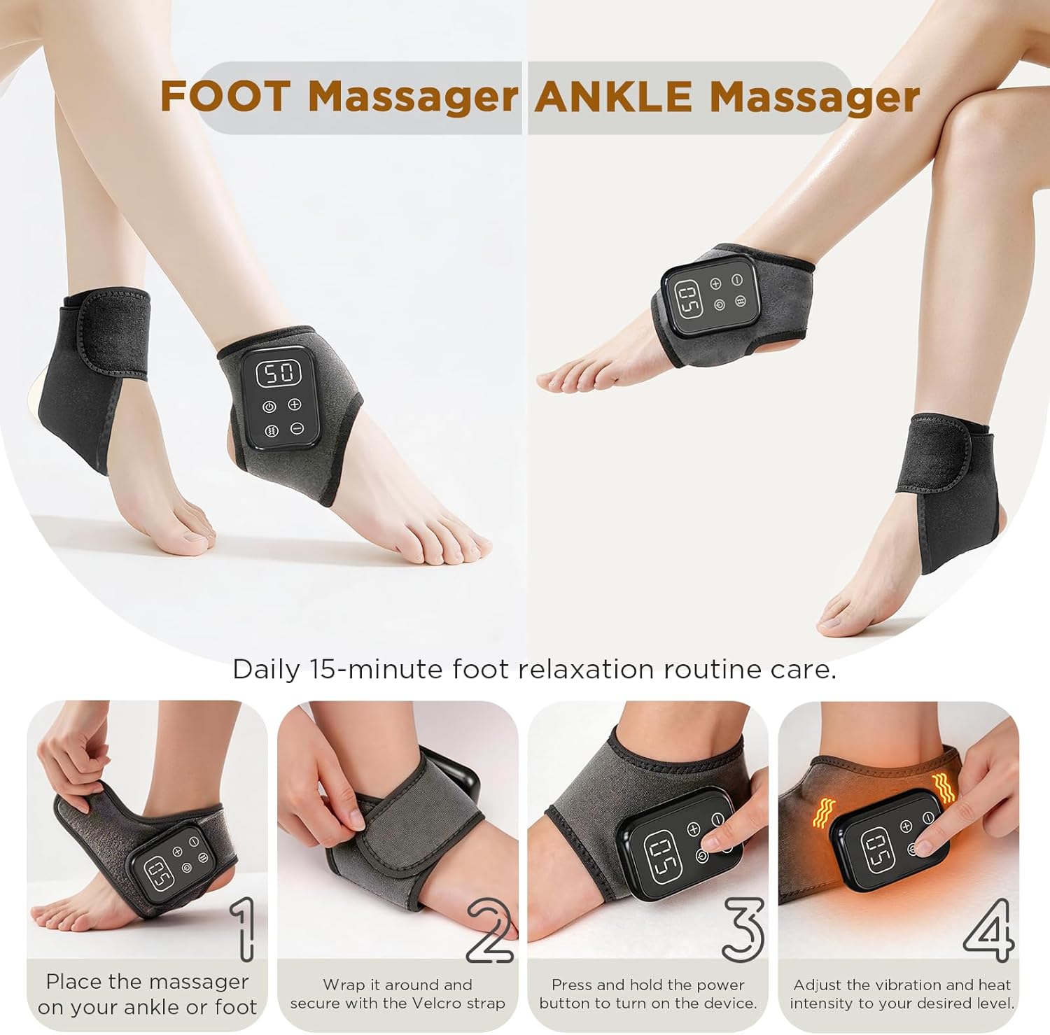 Foot Renew Massager for Neuropathy,4-in-1 Cordless & Portable Foot and Ankle Massager for Heel Warming Heating Pad Heated Brace Wrap With 5 Vibration Modes,4 Heat Levels,Portable for Home,2pcs,Grey