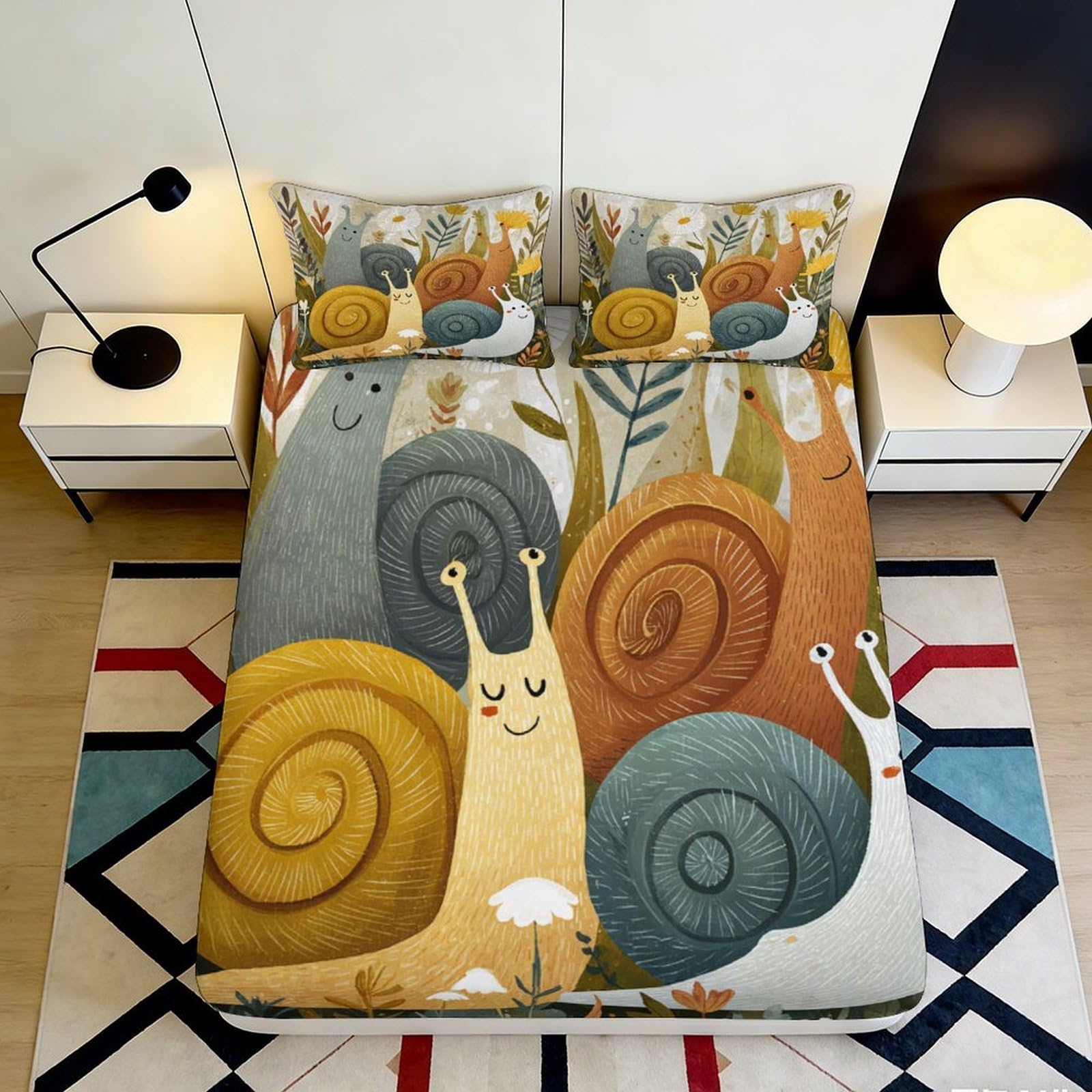 3D Printed Cartoon Snail Fitted Sheet Microfiber Soft Breathable Forest Bed Cover for Bedroom Guest Room Decor 90x200x25cm