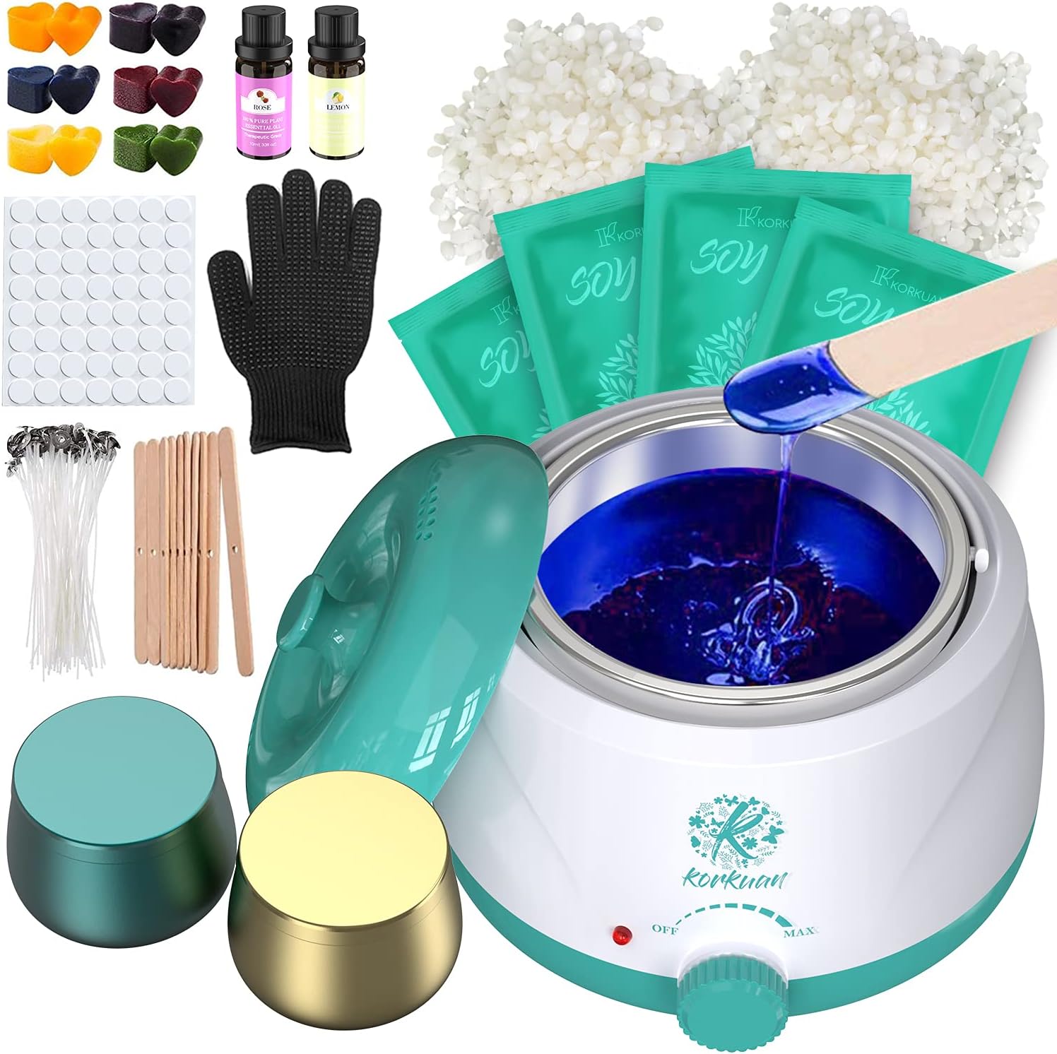 K KORKUAN Candle Making Kit with Electronic Wax Wamer, DIY Candle Maker Supplies with Non-Stick Pot and 4OZ Tin, DIY Full Flameless Wax Melter for Candle Making