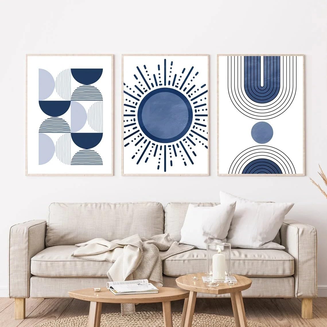 SOBMQ Art Decor-Boho Blue Abstract Mid Century Wall Art Print Modern Sun Geometric Leaf Canvas Painting Nordic Poster Pictures Living Room Decoration-30 * 50cm-3PCS (No Frame)