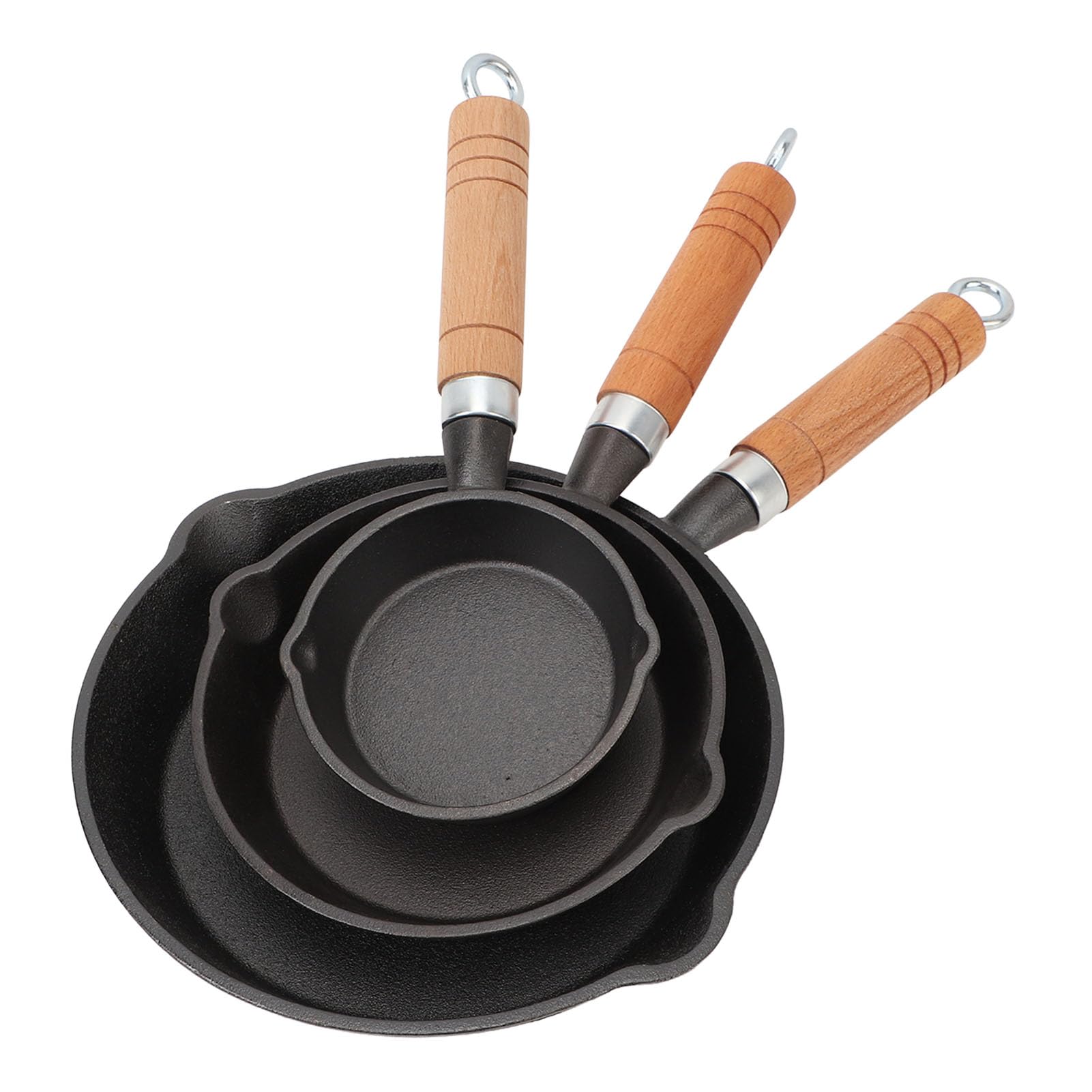 EMUKOEP Mini-Pfannenset aus Gusseisen, Vorgebrannte, Antihaftbeschichtete Bratpfanne Zum Kochen mit Induktion, Lagerfeuer, Grill und mehr. 3-teiliges Pfannenset aus Gusseisen mit Holzgriff