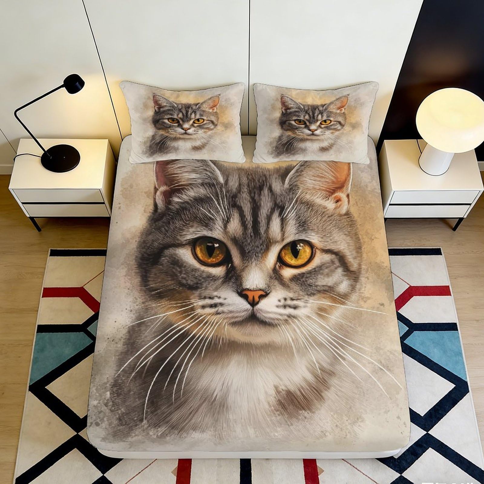 3D Printed Grey Tabby Cat Fitted Sheet Microfiber Soft Breathable Realistic Cat Face Mattress Cover for Bedroom Dorm Decor 90x200x25cm