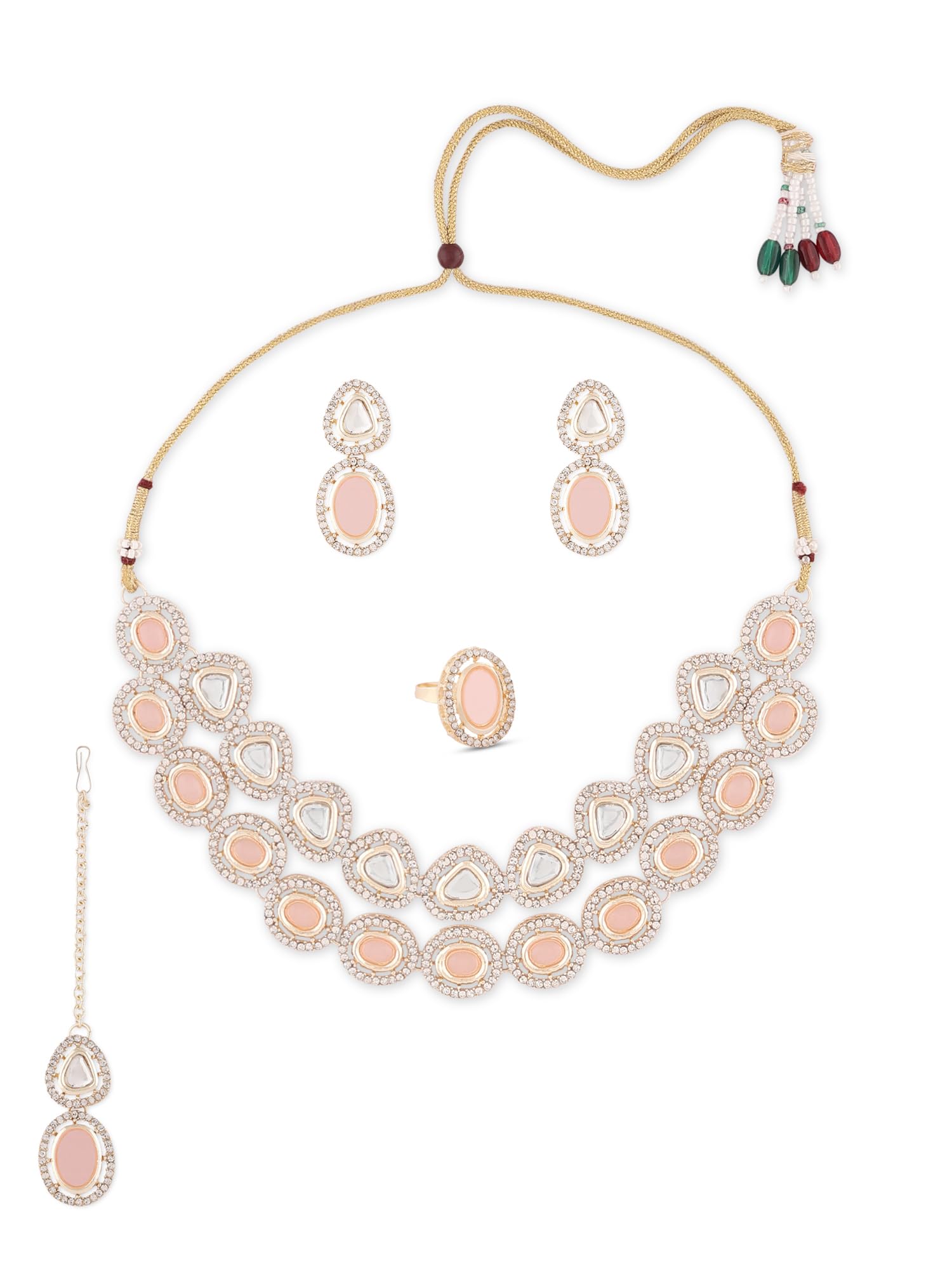 ZAVERI PEARLS Peach Double Layered Artificial Stones & Austrian Diamonds Necklace Earring Maangtikka & Ring Set For Women -ZPFK16489 (B0CGHQL1MX) Amazon Price History, Amazon Price Tracker