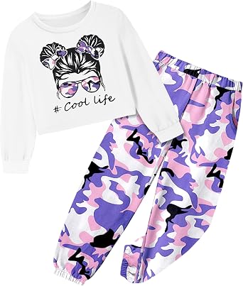 CRISONE Girl Outfits Long Sleeve Printed Crop Tops + Camouflage Pants 2pcs Fall Winter Clothes Set