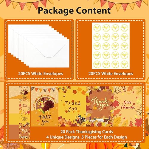 Miniatura 4 de Tarjetas de Acción de Gracias con sobres, tarjetas de otoño, 20 juegos de tarjetas de Acción de Gracias, tarjetas de felicitación de otoño surtidas