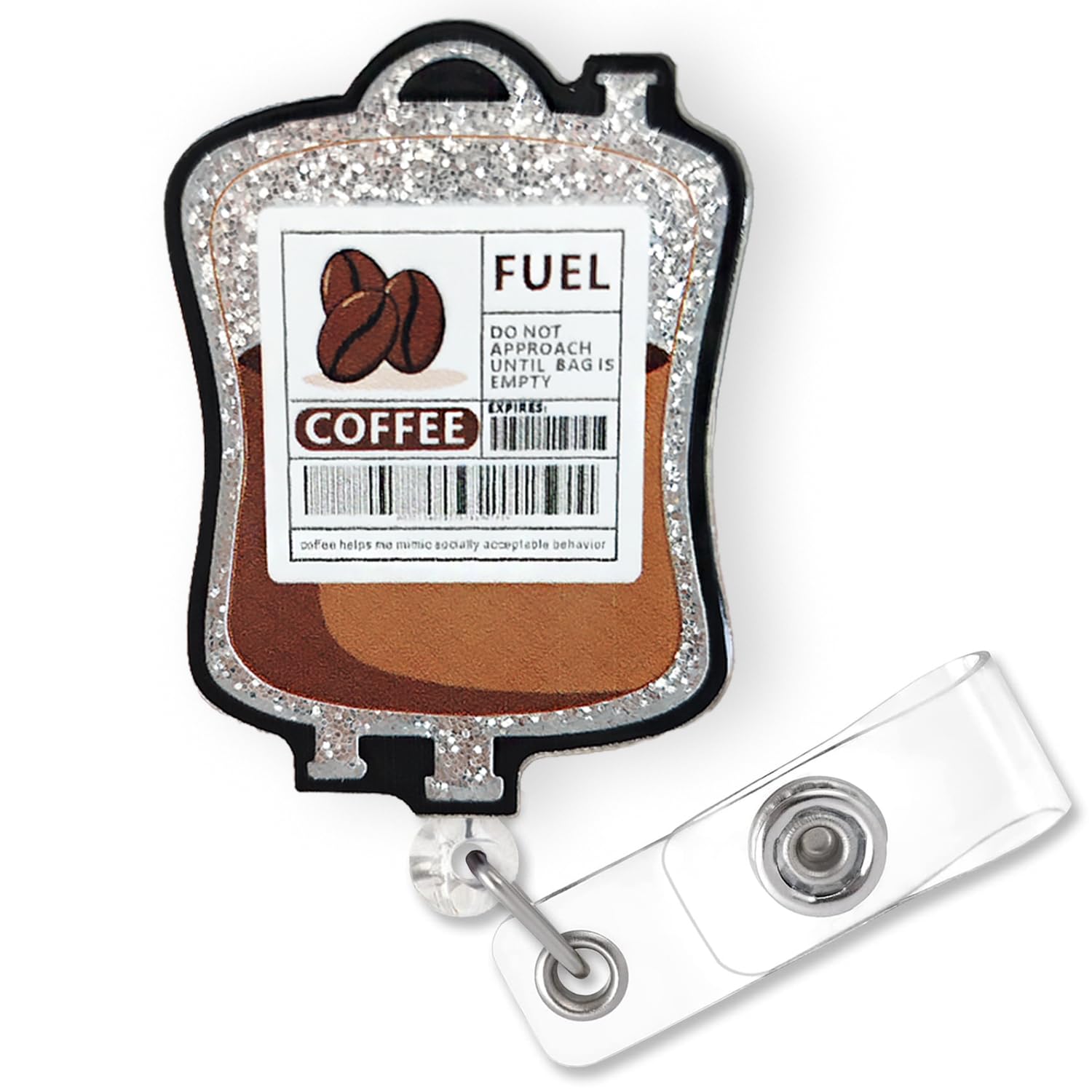 Photo 1 of Funny Coffee Fuel Glitter Badge Reel Retractable for Nurse Nursing RN CNA LPN Medical Worker & Office Staff | Cute Nurse Gifts, Coffee IV Bag Badge Holder with Alligator Clip & 24” Durable Nylon Cord