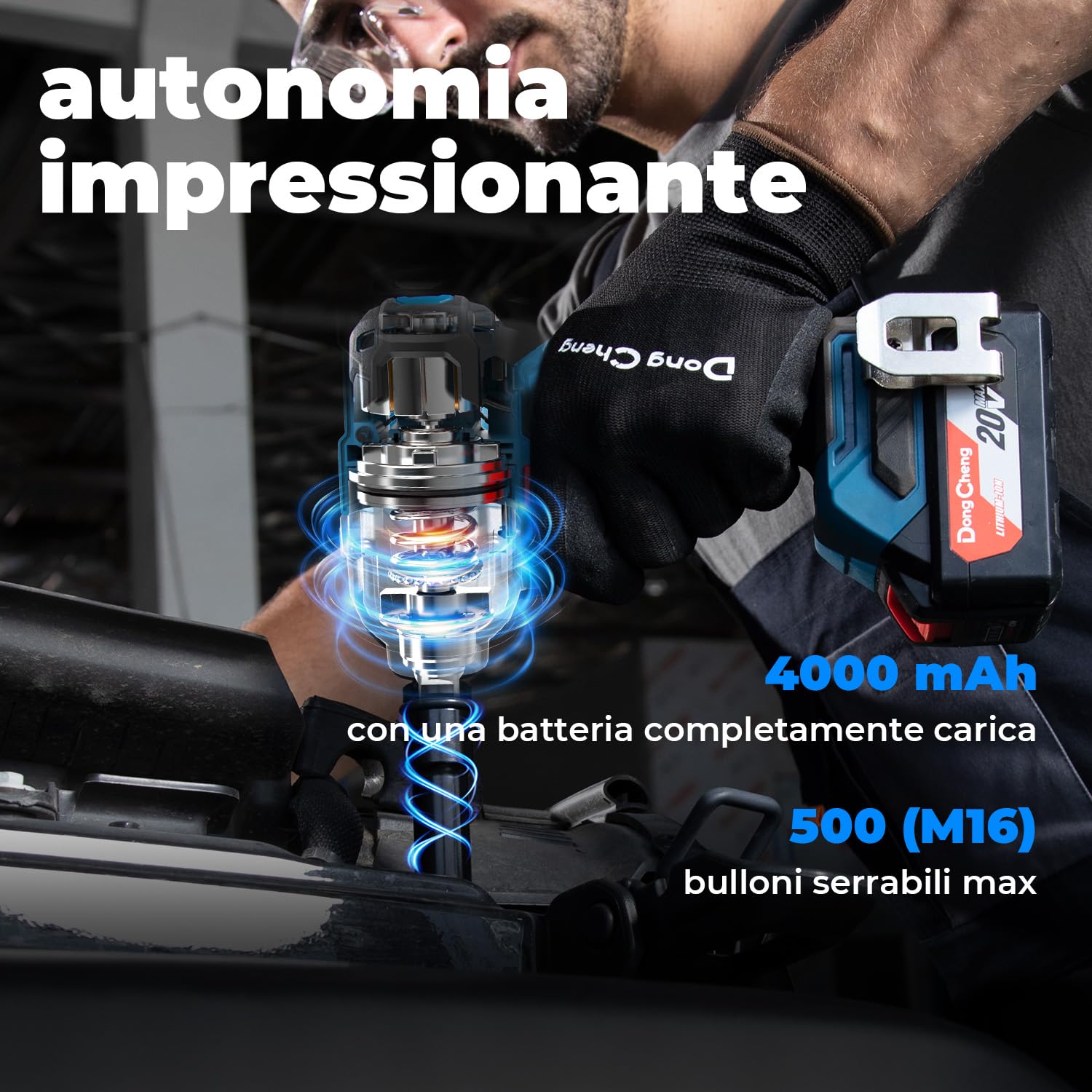 Dong Cheng Avvitatore a impulsi a batteria 20V con batteria da 4,0 Ah, motore brushless, attacco 1/2", cambio a 3 velocità, Per uso automobilistico e fai da te