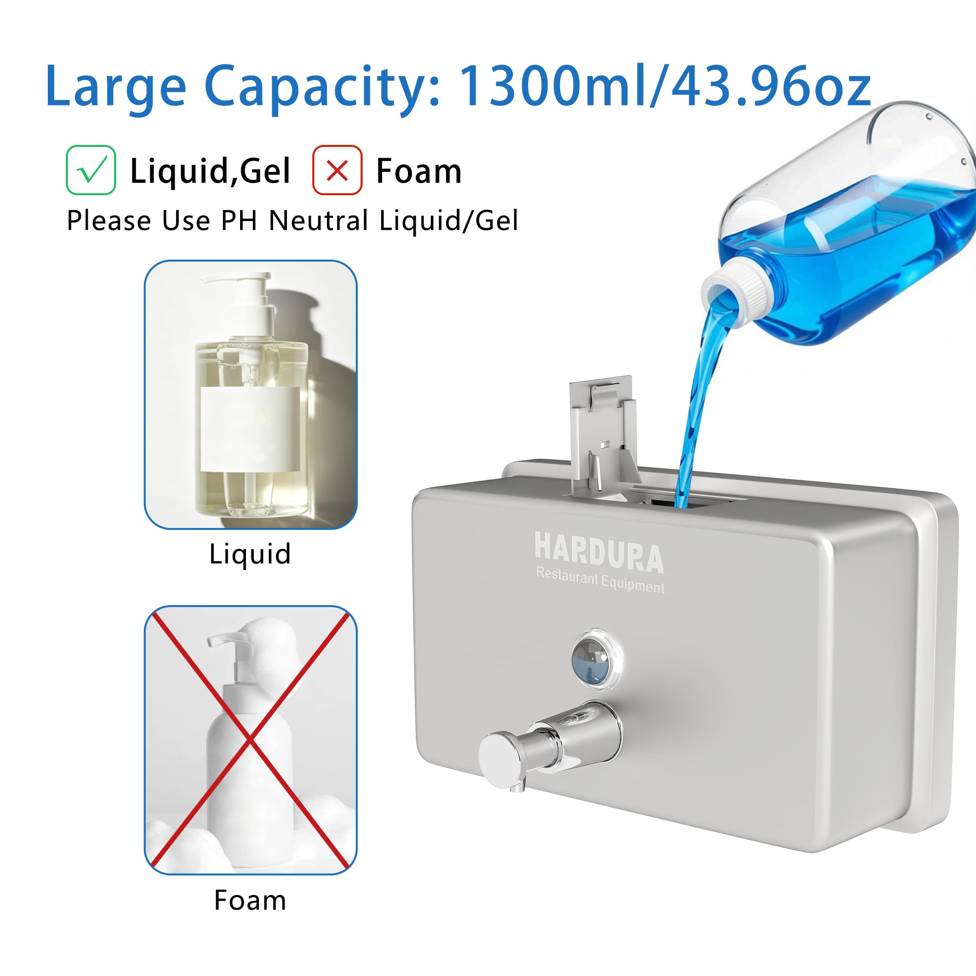 HARDURA kommerzieller Seifenspender, Wandmontage, Edelstahl, horizontaler Seifenspender, manuelle Flüssigkeitspumpe, rostfrei, auslaufsicher, für Badezimmer, 1300 ml