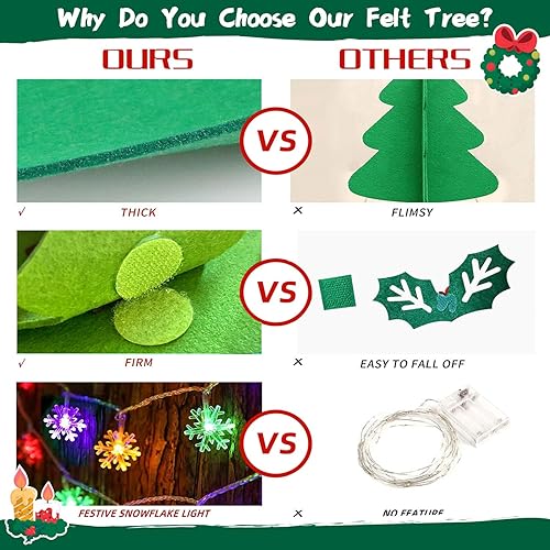 Miniatura 5 de EMPOF Árbol de Navidad de fieltro para pared de niños, árbol de Navidad de fieltro para niños pequeños con coloridas luces de copo de nieve + 32