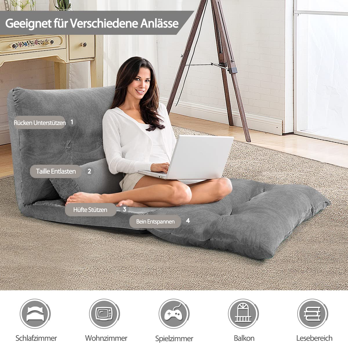 COSTWAY Klappbares Bodensofa, 3 in 1 Schlafsofa mit Schlaffunktion und Verstellbarer Rückenlehne, Sofabett mit 2 Lendenkissen, Klappsofa für Wohnzimmer & Schlafzimmer (Grau)
