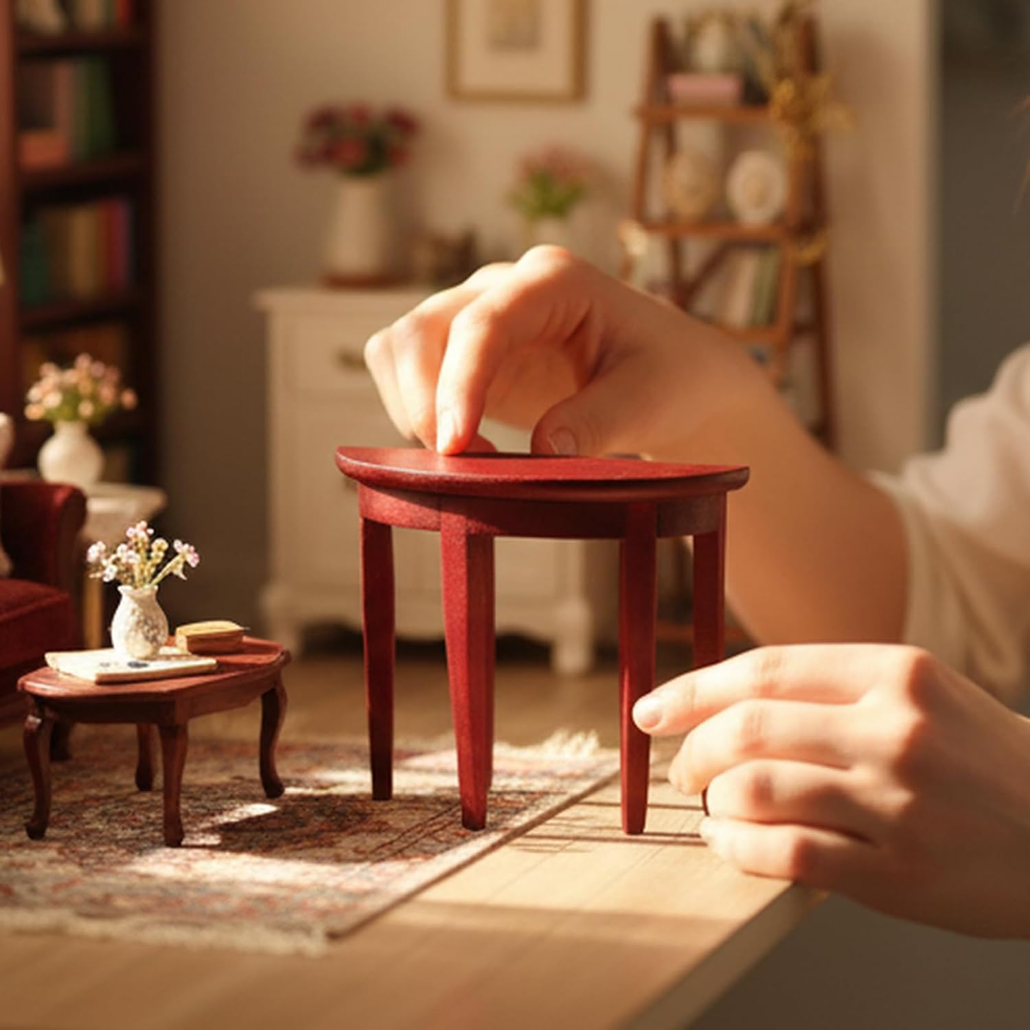 Miniature Half Moon Table Dollhouse Furniture 1/12 Scale for Living Room Bedroom Hallway, Entrance, Small Spaces, DIY Doll House Accessories (Red) image 2