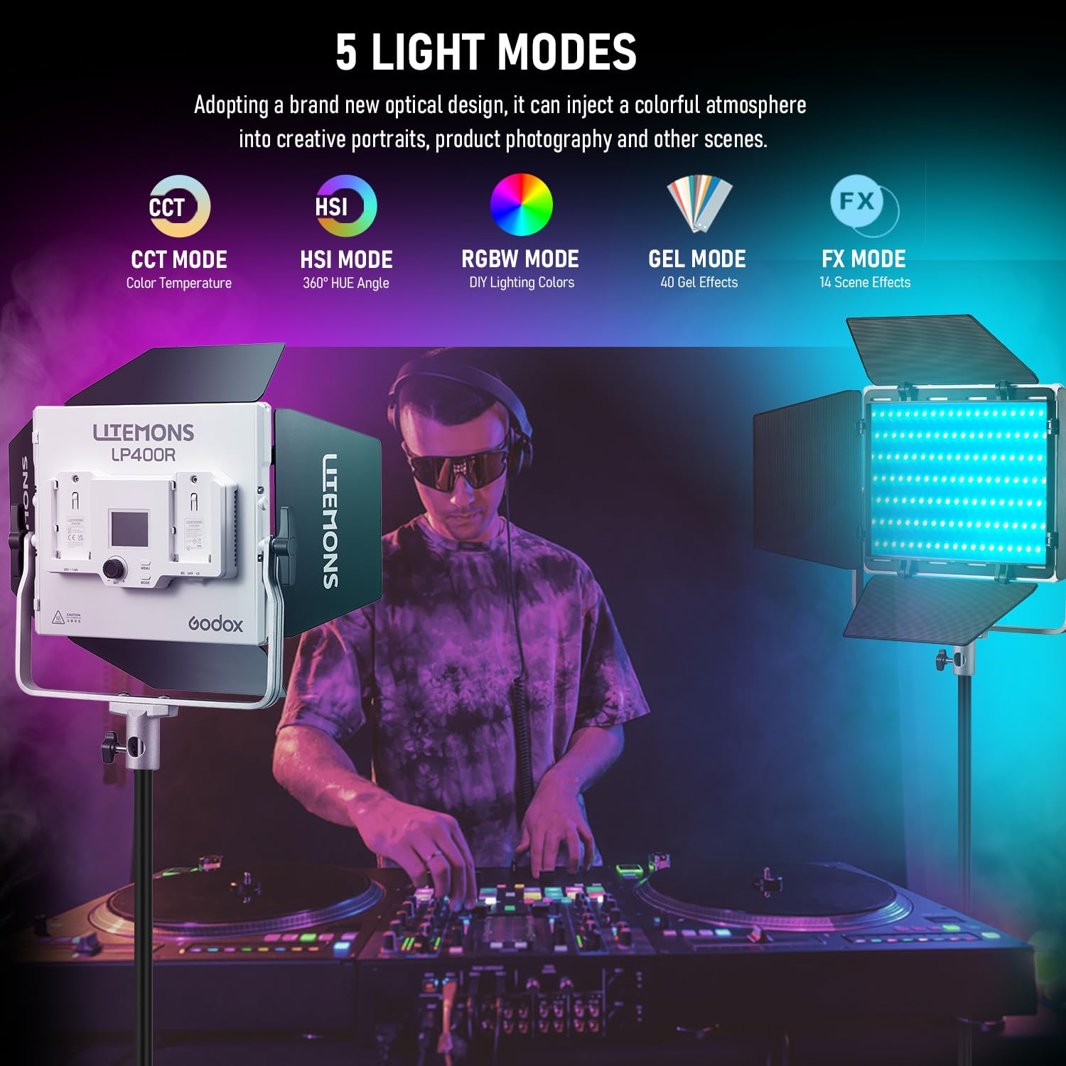 Godox LP400R LP400 RGB LED Panel con app control, 36 W Fotografia LED Video Light / 360° RGB/1800K-10000K/CRI 96+/TLCI 96+/14 modalità FX per gioco streaming YouTube Fotografia (2 pezzi)