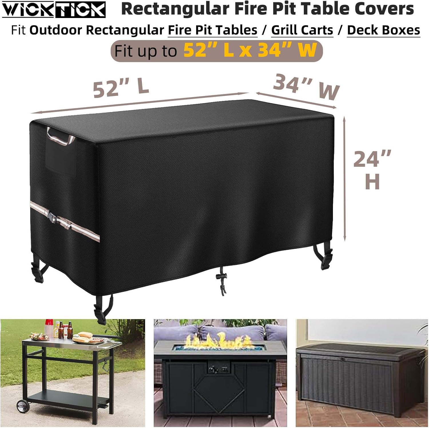 WICKTICK Rectangular Gas Fire Pit Table Cover 52 x 34 inch, Waterproof 600D Heavy Duty Fire Table Cover for 48 - 52 inch Patio Propane Firepit Tables