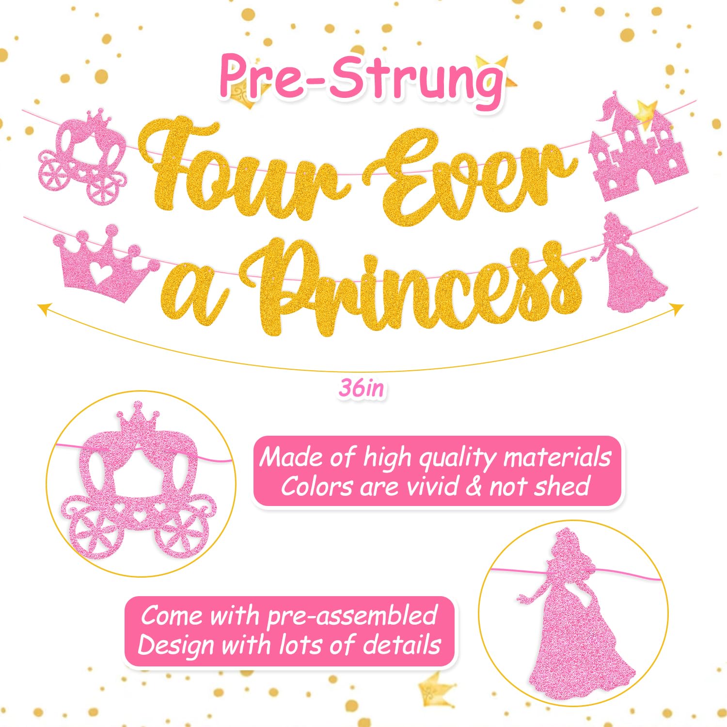 Four Ever A Princess Banner Compleanno Principessa – Decorazione Per Festa Di 4 Anni – Striscione Con Carrozza E Corona – Forniture Festa Bimba