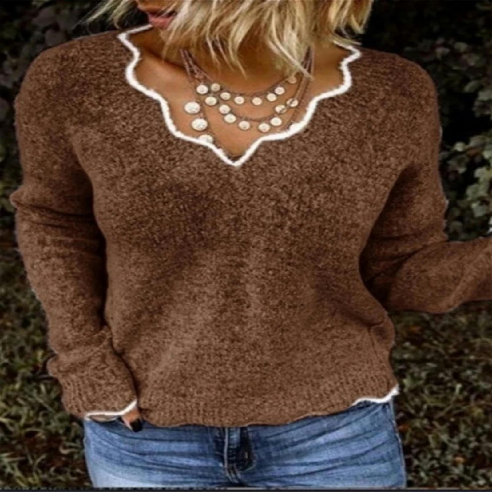 Sweter damski sweter sweter z dekoltem w serek z długim rękawem na co dzień luźny wygodny sweter sweter-różowy-XL