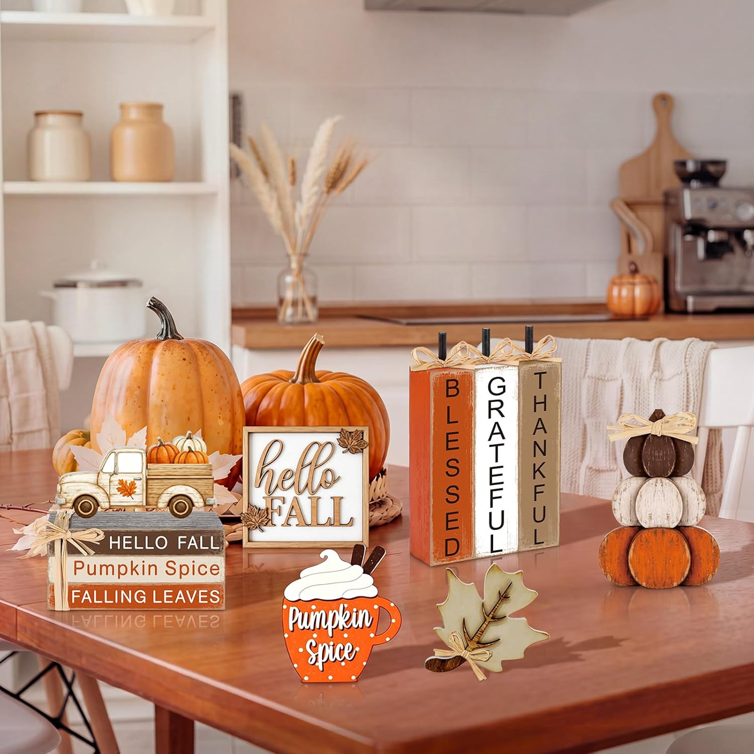 11 Pcs Fall Table Decorations Autumn Pumpkin Wooden Decorative Set Featuring Blessings Gratitude and Appreciation Sign for Thanksgiving Various Occasions Family Dining Kitchens Offices