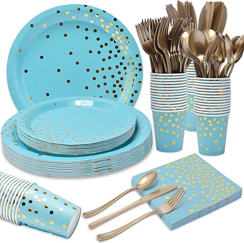 Suministros de fiesta azules y dorados, juego de vajilla desechable de 245 piezas, sirve 35, platos de papel azul, servilletas, vasos, tenedores de
