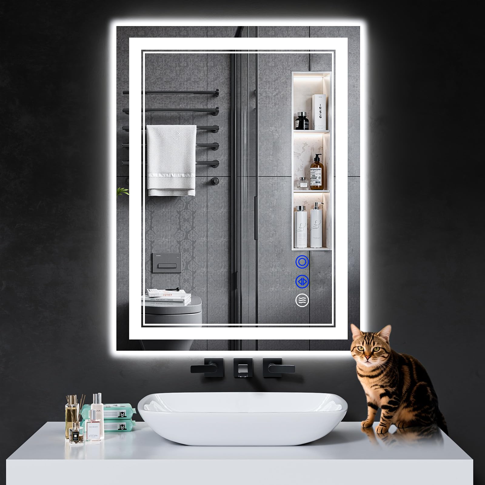 32x24 LED Bathroom Mirror with Anti-Fog Stepless Dimmable Lights 3 Color Modes Shatter-Proof Tempered Glass Memory Function Waterproof