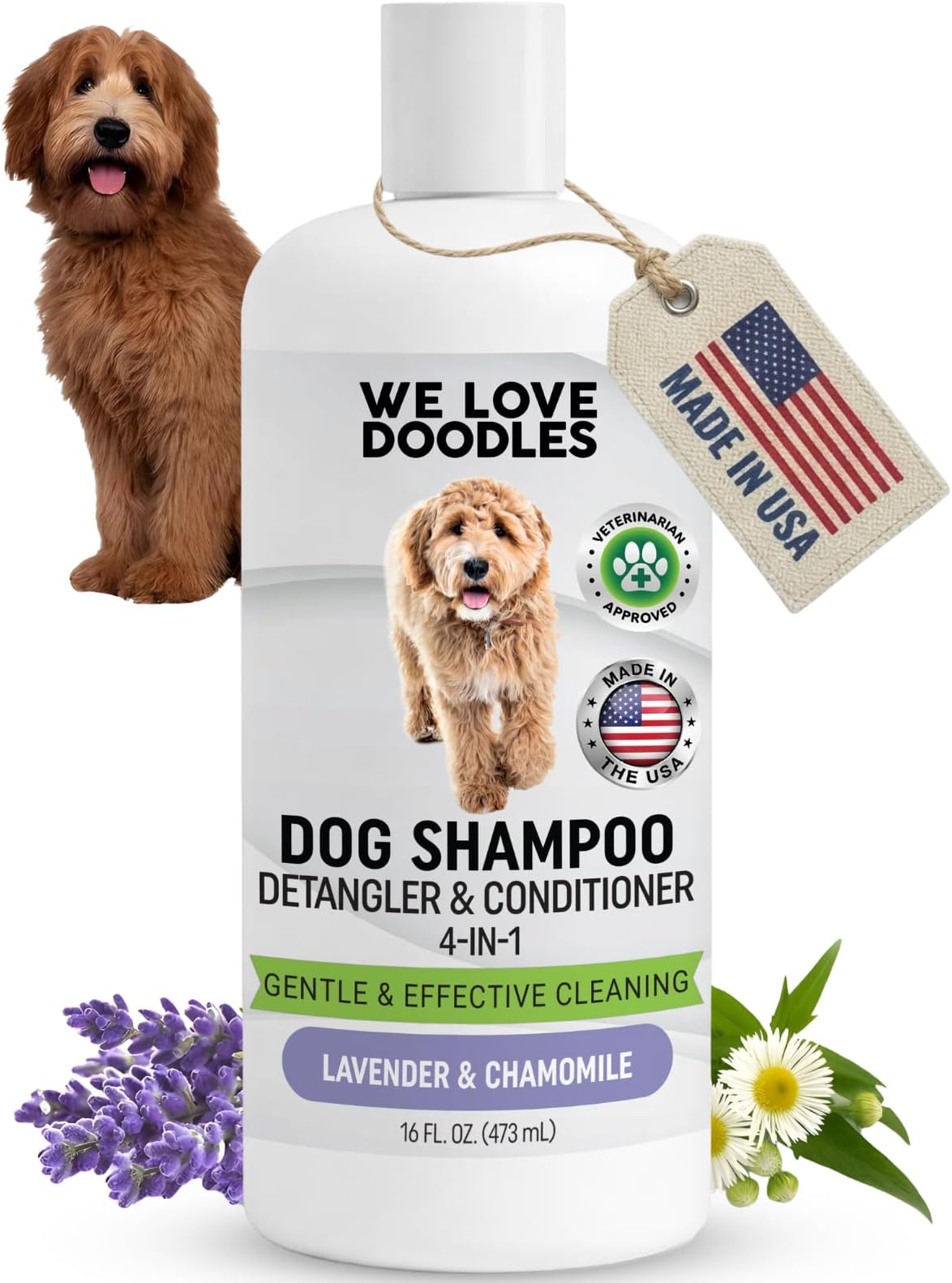 Dog Shampoo, Conditioner & Detangler - Best Shampoo for Goldendoodles, Poodles & Doodles Pet Hair - Hypoallergenic, Tearless, Sensitive Skin for Puppies & All Dog Breeds - Made in USA, 16OZ (Lavender)