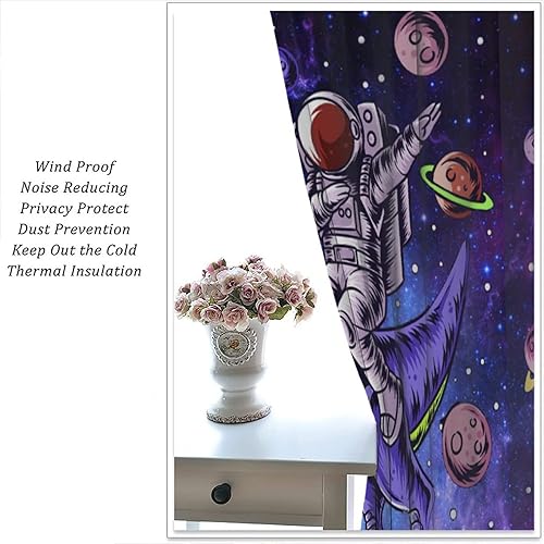 Miniatura 5 de Divertidas cortinas opacas de dinosaurio para dormitorio de niños, diseño de astronautas de caricaturas, galaxia morada, planetas, universo, para