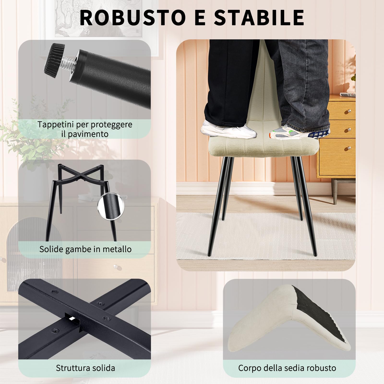JIJIAN Set 4 Sedie da Pranzo, Sedie da Cucina in Lino, Beige | Gambe in Metallo, Stile Moderno, Portata Fino a 120 kg, Sedie Imbottite per Sala da Pranzo, Soggiorno e Cucina