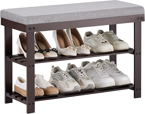 Miniatura 16 de Apicizon - Zapatero de 3 niveles para entrada, banco de zapatos de bambú con asiento acolchado, pequeño organizador de zapatos con almacenamiento