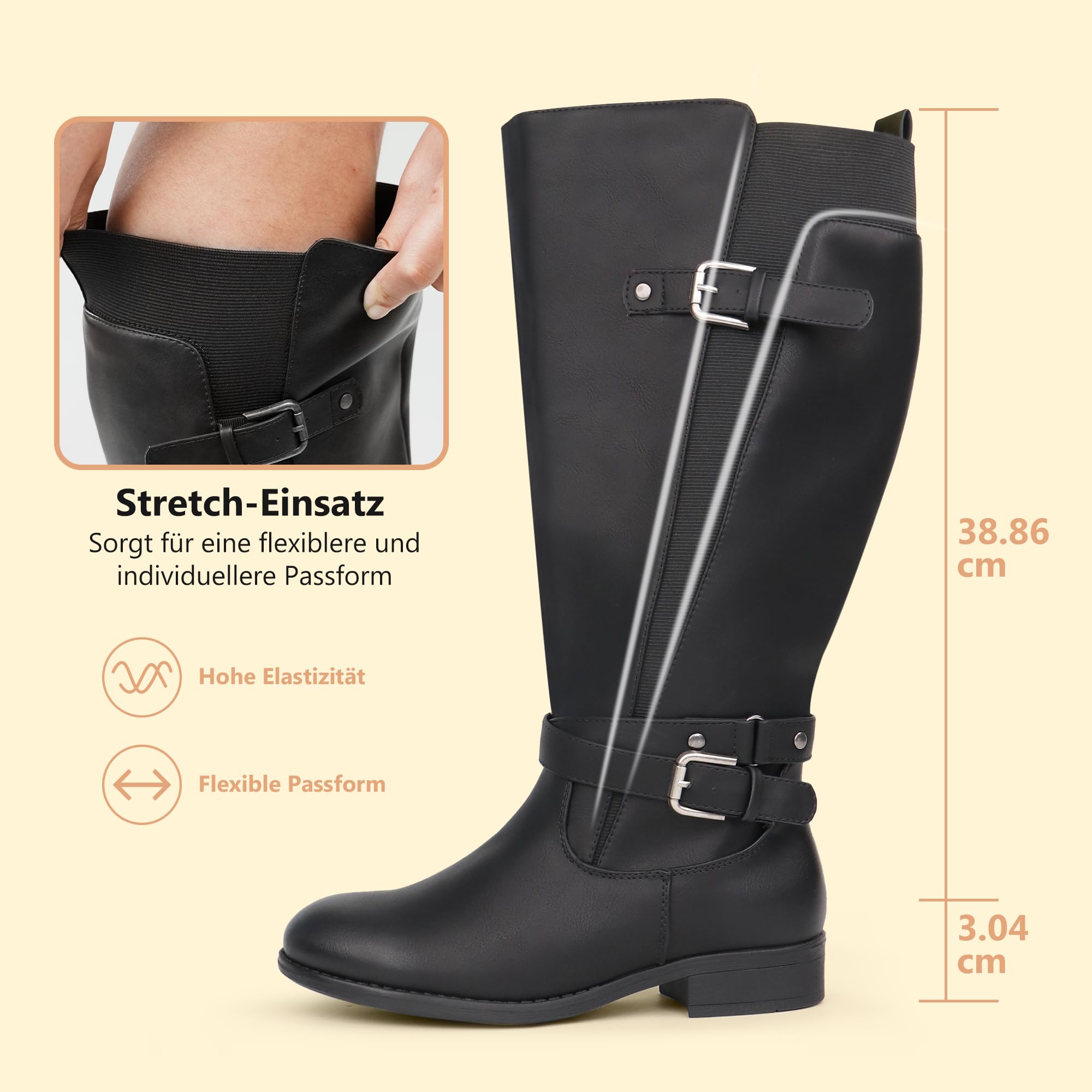 Stivali da equitazione da donna con gambo extra largo, tacco basso, cinturino alla caviglia, design sottile, stivali alti al ginocchio