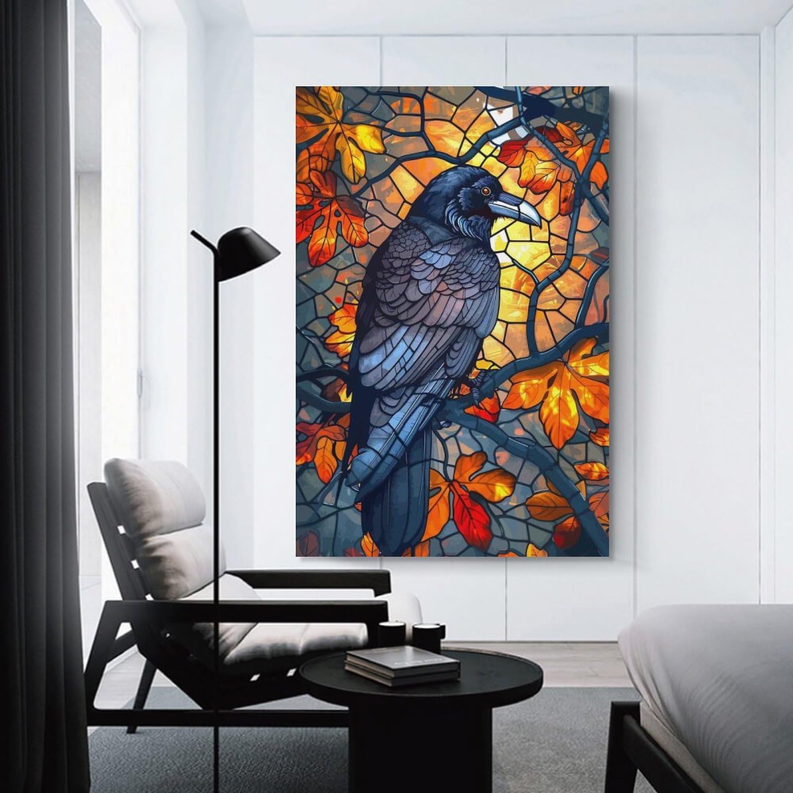 Junmoney Unframe-Style-1 Canvas Art Print Stained Glass Raven Art, 16X24inch(40X60cm), For Office, Study Or Home Workspace, Wall Art That Adds Style To Work Areas