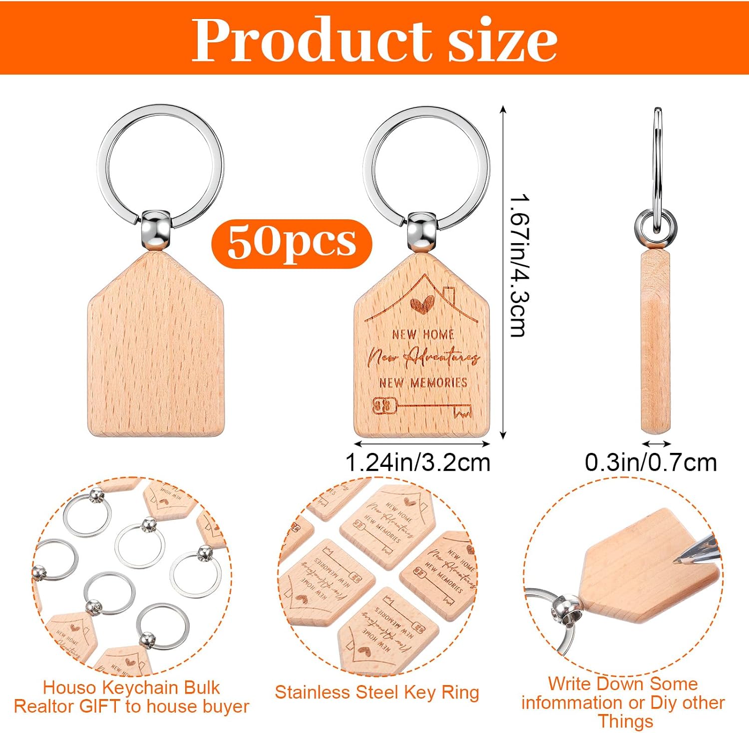 50PCS New Home Keychain Bulk Welcome Home Keychain Gifts Wooden House Shaped Key Tag Move in Gifts Apartments House Key Chain for Family Client Buyer Customer image 2