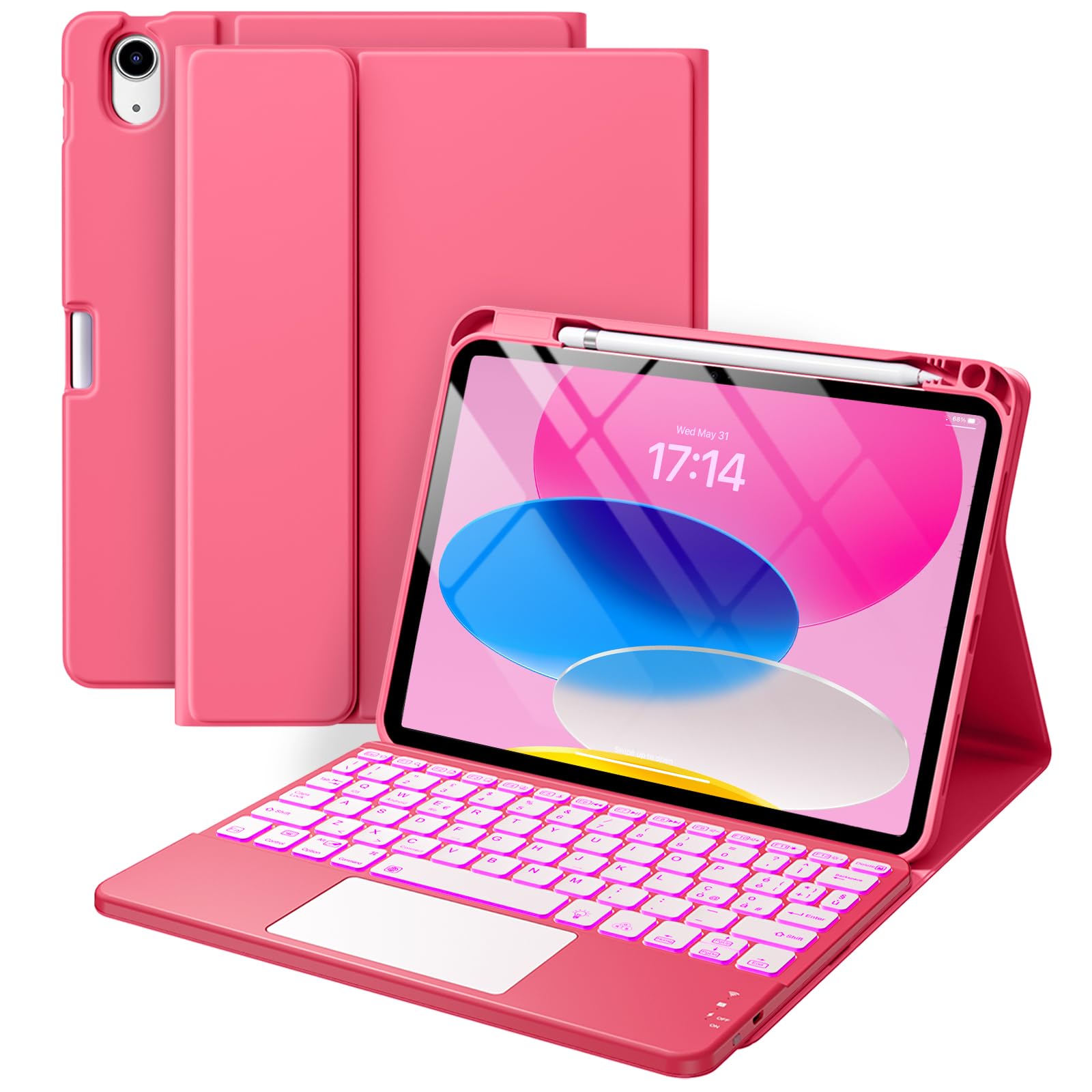 Vobafe Tastiera iPad 10 Generazione 10.9 Pollici 2022, Cover con Tastiera Rimovibile iPad A16 11 Gen 2025 con Trackpad, Italiano QWERTY con 7 Colori Illuminato, Custodia con Portapenna,Rosa