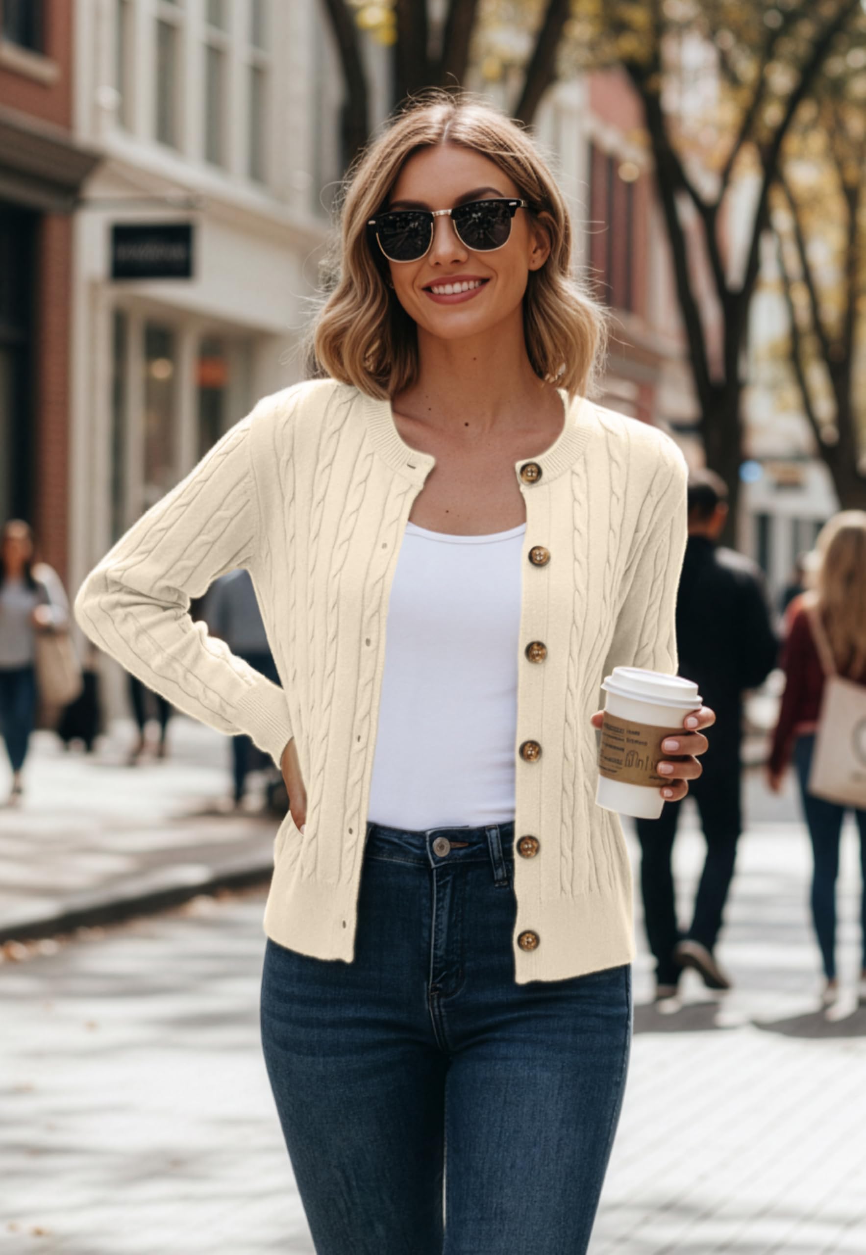 GRECERELLE Cardigan doux à manches longues pour femme - Pull à col rond - Cardigan décontracté en tricot avec boutons pour femme - Automne et hiver