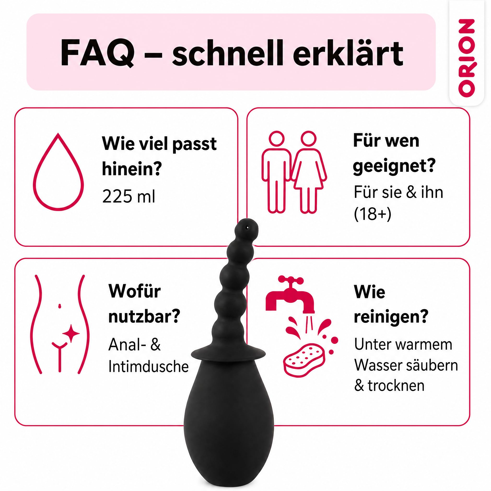 ORION Ducha anal - Ducha anal y vaginal negra con función de estimulación para mujeres y hombres, enema para enema e higiene íntima, color negro