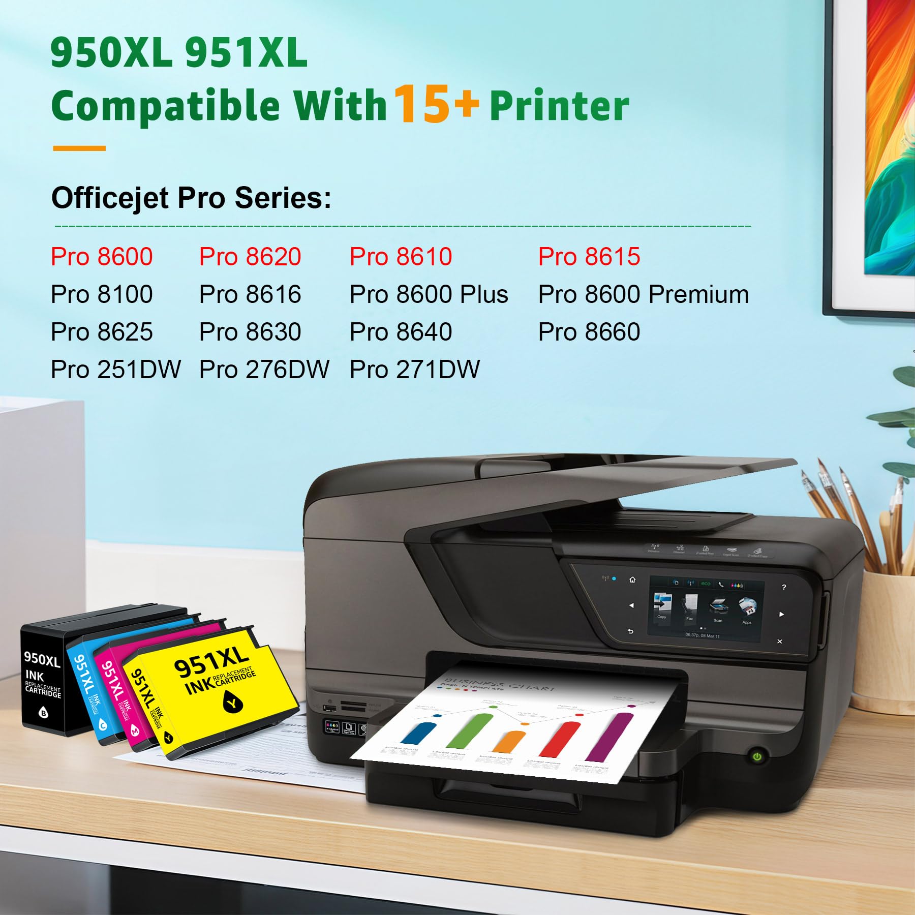 Tinta 950XL 951XL Compatibles con HP 950XL HP 951XL Recambio para Uso con HP Officejet Pro 8600 8610 8615 8620 8100 8625 8630 276DW 251DW (Paquete de 4) - 3