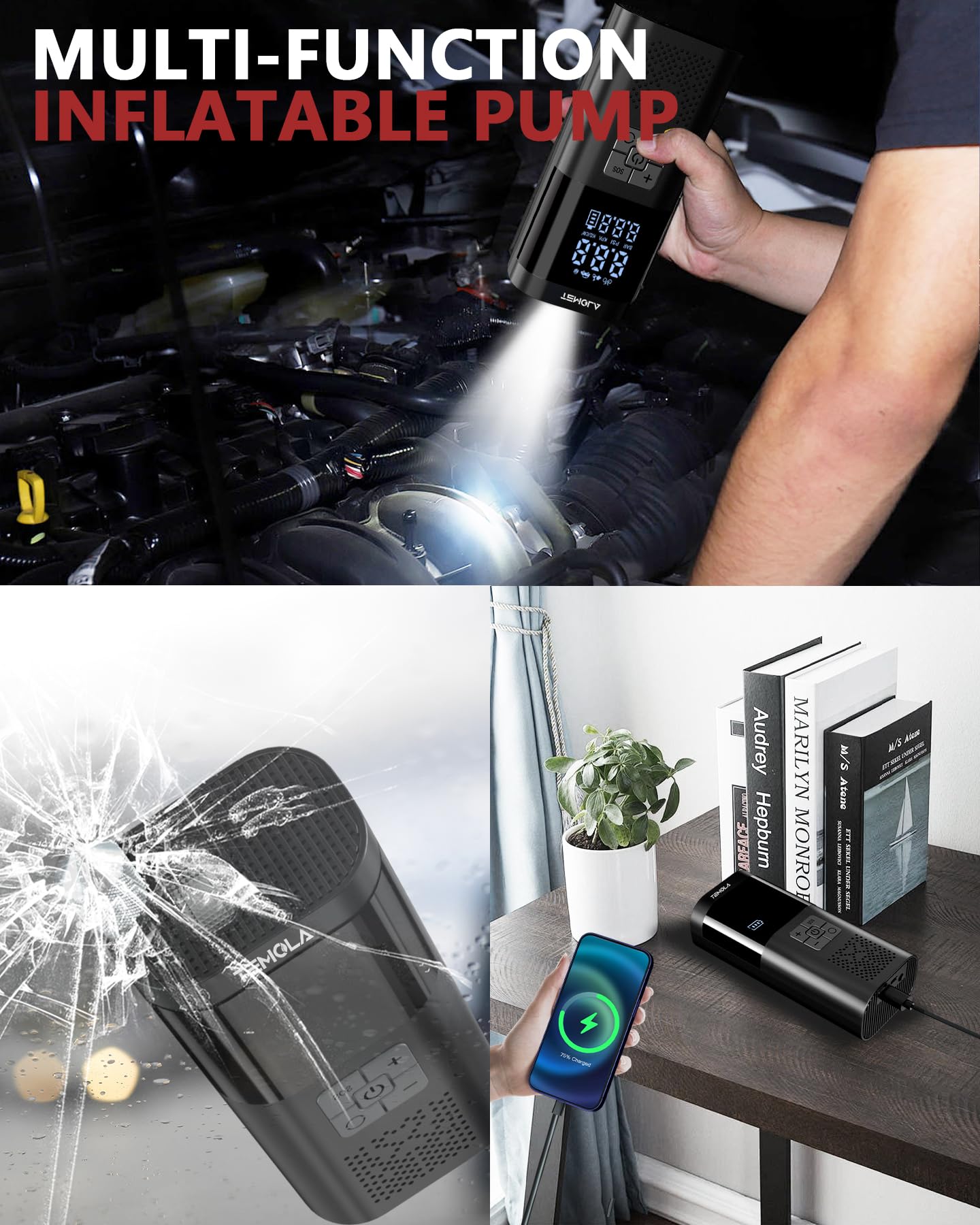 TEMOLA Compressore Aria Portatile Auto, Potente Compressore Auto Senza Fili con Luce LED, Mini Compressore Portatile Accessori Auto Essenziali per Gli Uomini con Manometro per Auto Moto Bicicletta