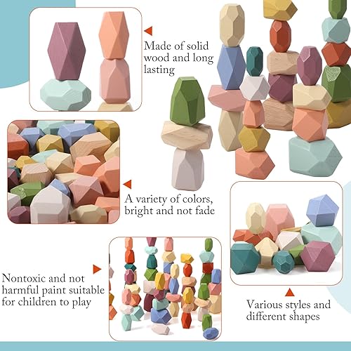 Miniatura 3 de Jenaai 60 piezas de juguetes Montessori de rocas apilables para niños de 1 año de edad, piedras de equilibrio de madera coloridas para bebé, cesta
