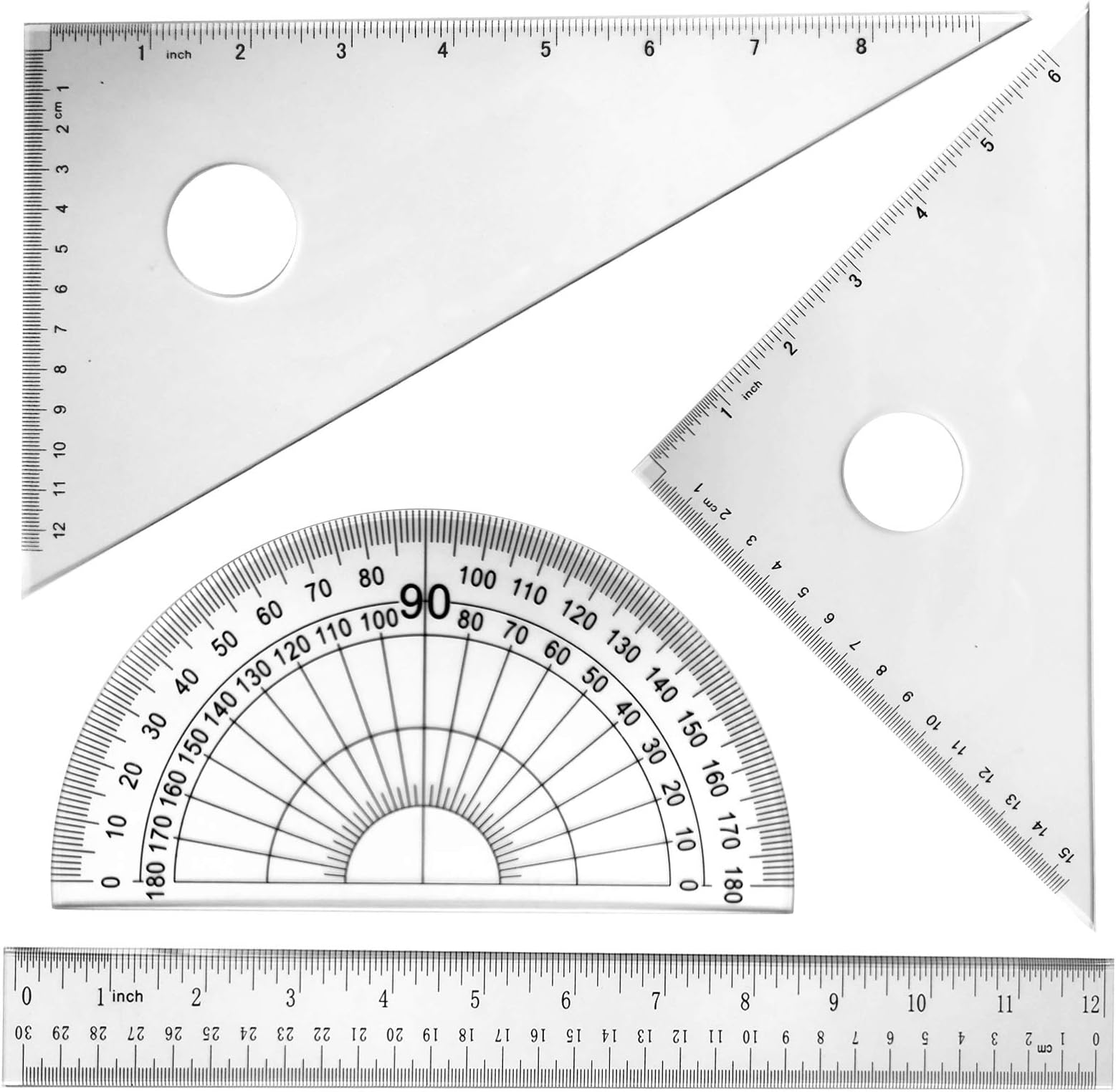 12 inch Math Geometry Tool - 4 Pieces Large Triangular Scale Ruler Set Includes Ruler, Protractor, Triangle for School Office Home Supplies, Clear