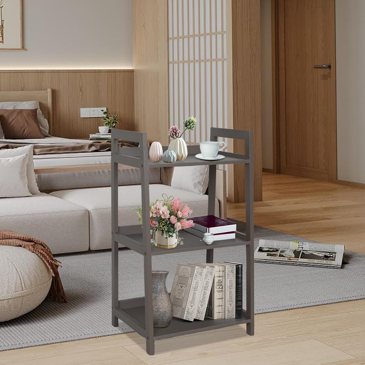 ECOMEX 3-Tier Ladder Shelf Modern Style Shelf, Ladder Bookshelf Open Storage Rack Wood Ladder Shelf with Solid Pine Frame, Freestanding Ladder Shelves for Home Office, Bedroom (Brown)