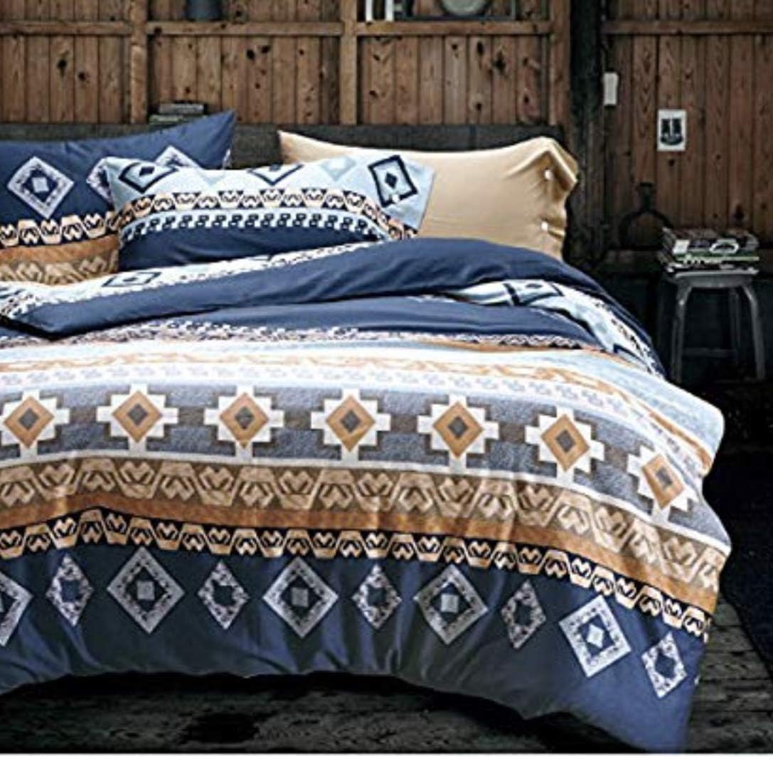 Bohemian Duvet Cover Striped Ethnic Boho Reversible Southwestern 400TC Cotton Bedding 3pc Set Navy White Orange Modern Geo Aztec Print 120x98 (Super King)