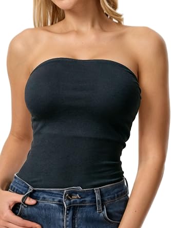 Womens Ribbed Long Tube Tops Strapless Bandeau Double Lined Tank