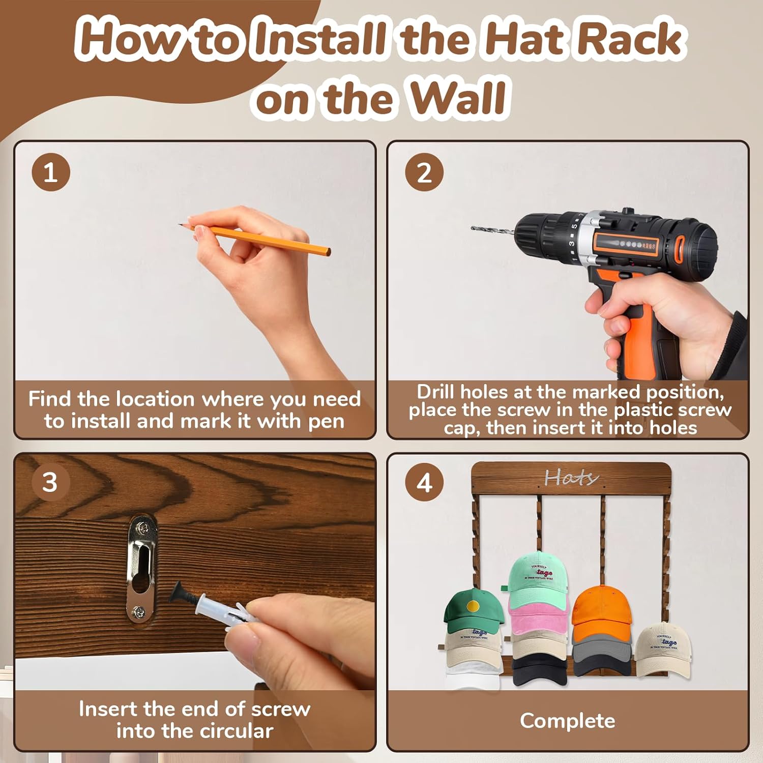 Wooden Hat Racks for Baseball Caps, 40-Slot Wall Mount Baseball Cap Rack, Hat Organizer for Display and Storage, Vertical Cap Hanger for Bedroom, Entryway or Closet