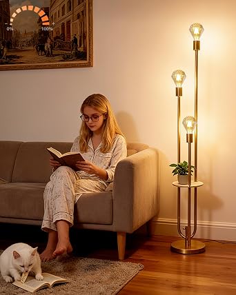 Lightdot Gold Floor Lamp for Living Room Dimmable Vintage Floor Lamp with Shelf & E26 Bulbs Included Mid Century Standing Lamp Tall Lamp with 5Lbs Heavy Base for Bedroom/Sofa Beside/Corner Decor